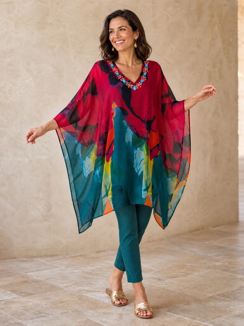 Antthony Original Jeweled Caftan Tunic & Tank Set L NWOT Colorful Resort Wear